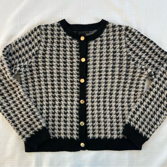 Tahari Women's Black White Soft Fuzzy Eyelash Houndstooth Cardigan Sweater Large - Picture 6 of 11